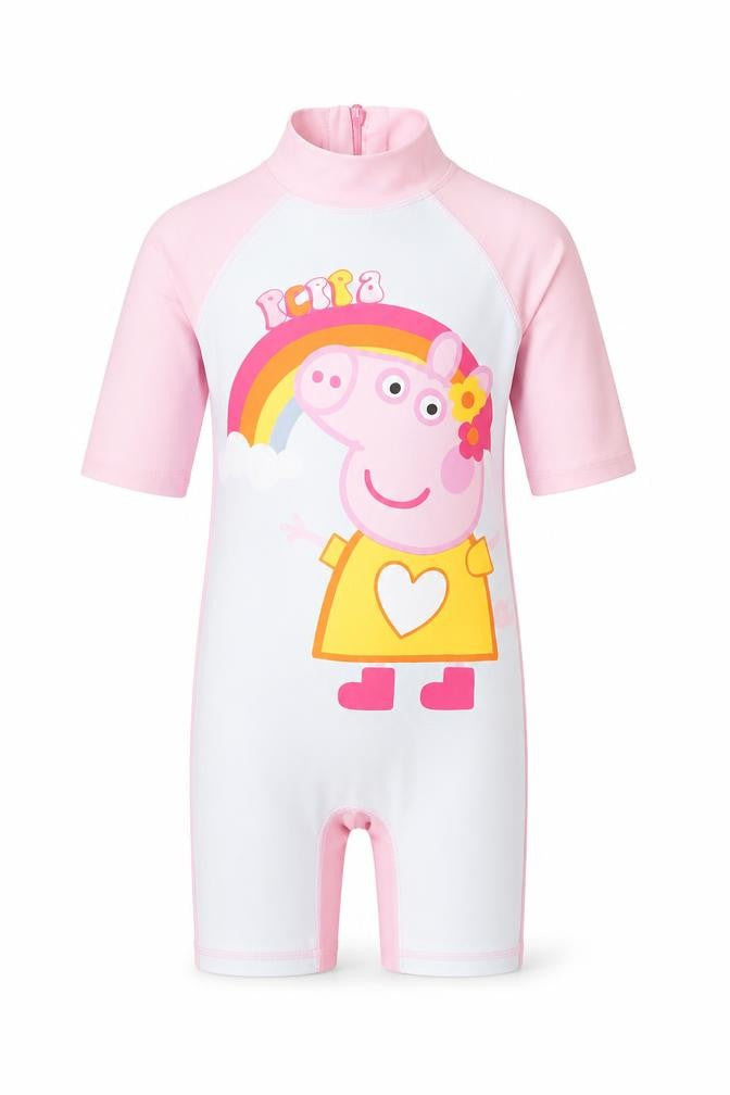 Front view of Peppa Pig girls’ pink uv sun suit 2-4 years quick dry swimwear