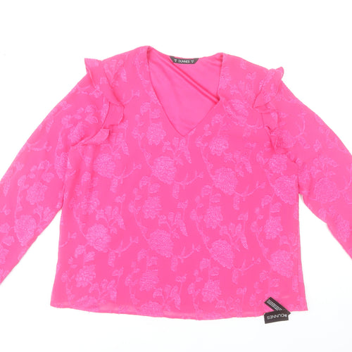 Dunnes Stores Women’s Pink Floral Ruffle V-Neck Long Sleeve Blouse M