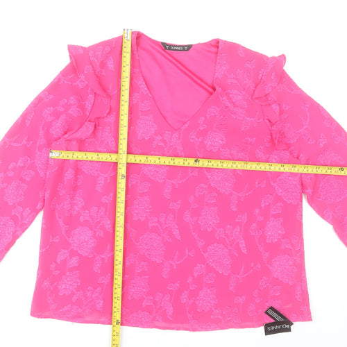 Dunnes Stores Women’s Pink Floral Ruffle V-Neck Long Sleeve Blouse M