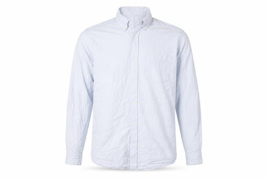 Front view of H&M Men’s Blue Cotton Regular Fit Long Sleeve Button-Up Shirt, size L