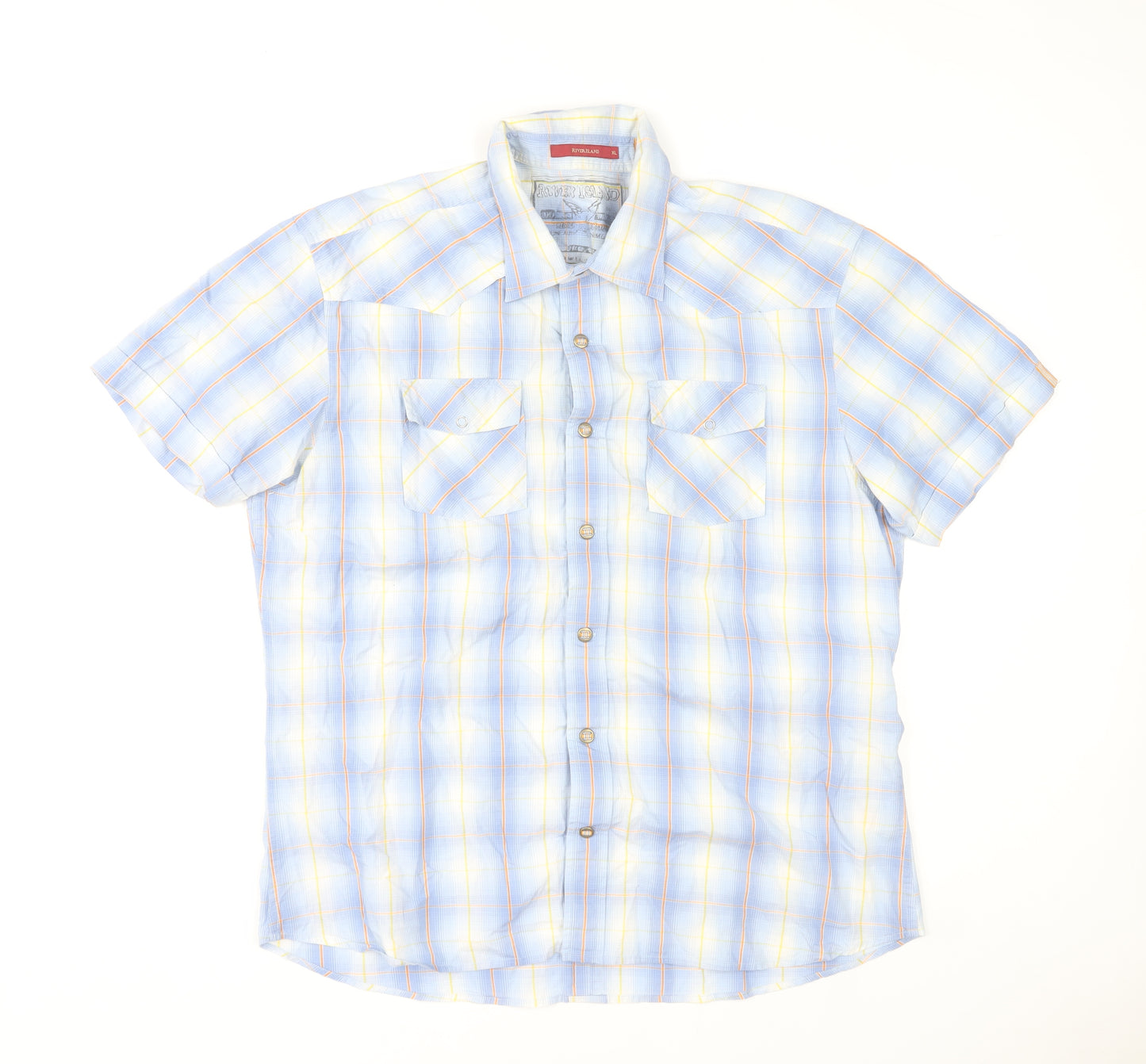 River Island Men's Blue Check Cotton Short Sleeve Button-Up Shirt XL