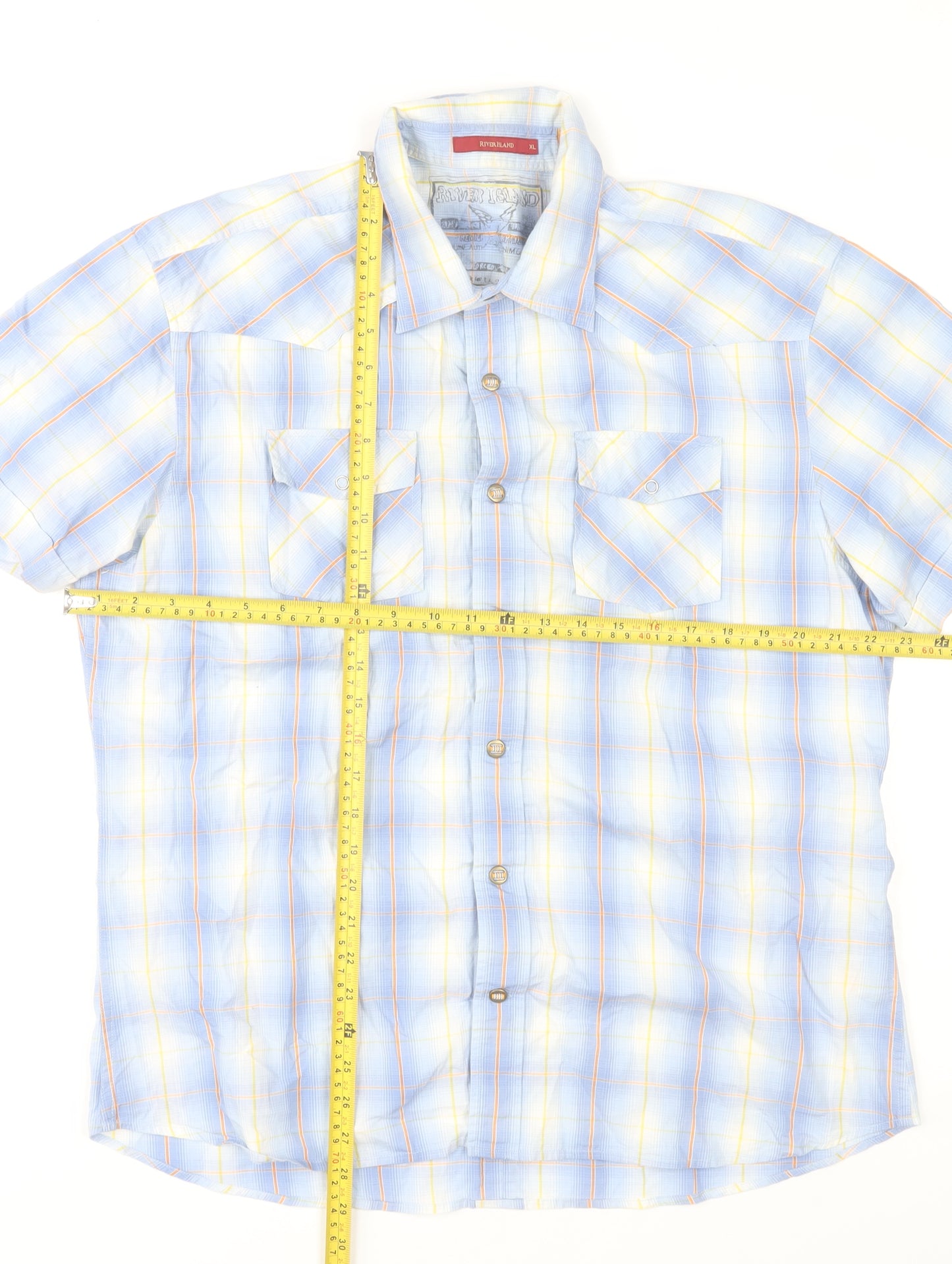River Island Men's Blue Check Cotton Short Sleeve Button-Up Shirt XL