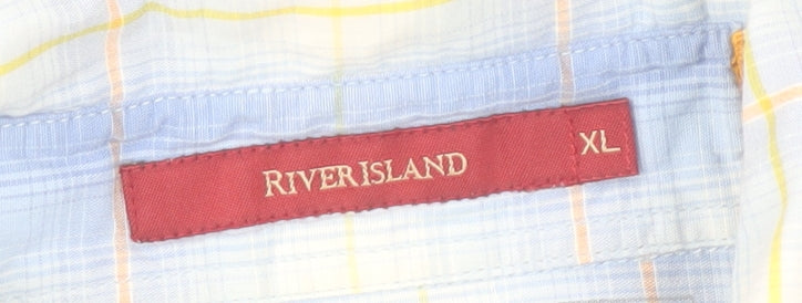 River Island Men's Blue Check Cotton Short Sleeve Button-Up Shirt XL