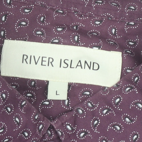 River Island Men's Purple Paisley Short Sleeve Button-Up Shirt Size L