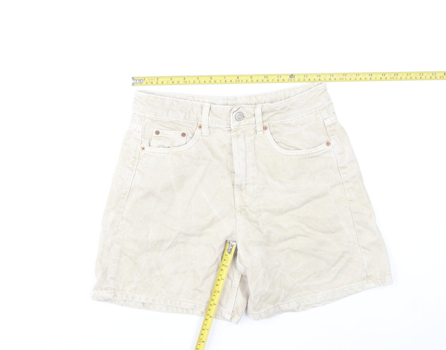 Zara Women Beige High Rise Chino Shorts Size 8 Cotton Blend