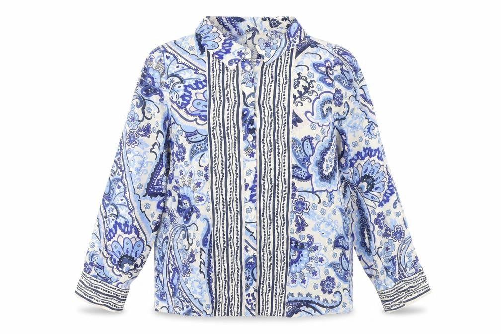 Front view of Gallery women’s paisley long sleeve viscose tunic blouse, size UK 16, multicoloured