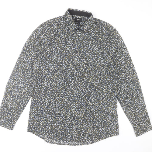 H&M Men's Blue Floral Slim Fit Long Sleeve Dress Shirt L