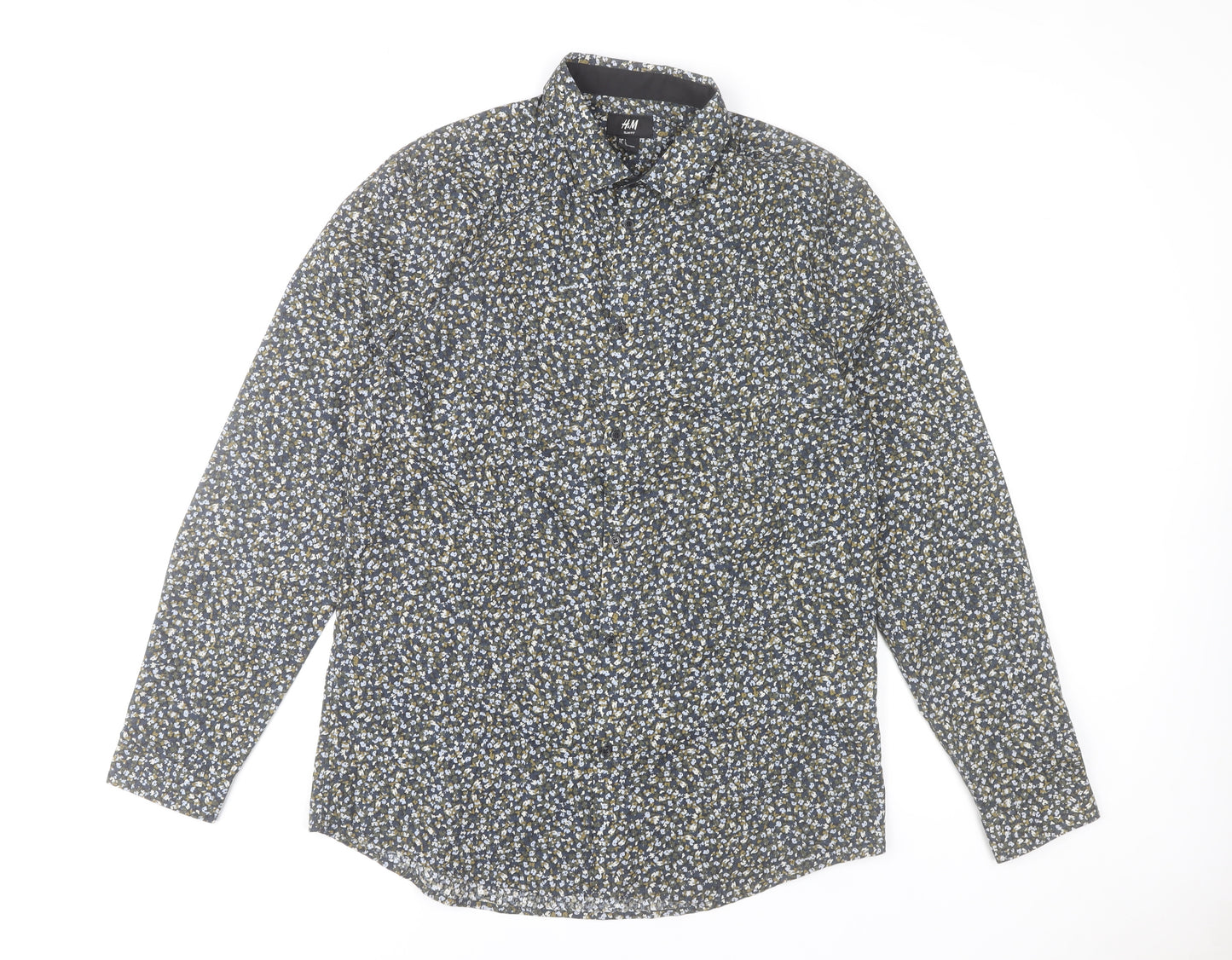 H&M Men's Blue Floral Slim Fit Long Sleeve Dress Shirt L