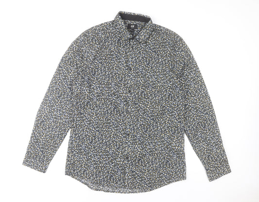 H&M Men's Blue Floral Slim Fit Long Sleeve Dress Shirt L