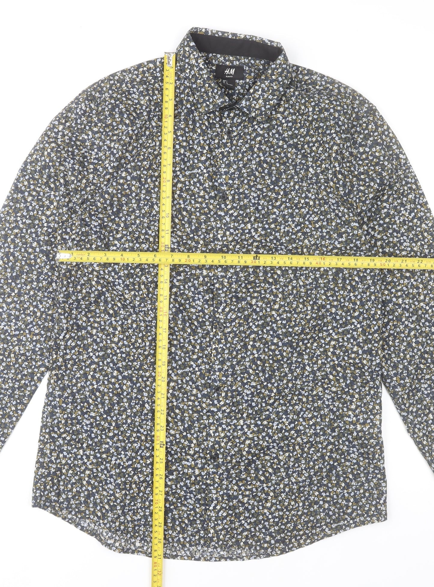 H&M Men's Blue Floral Slim Fit Long Sleeve Dress Shirt L