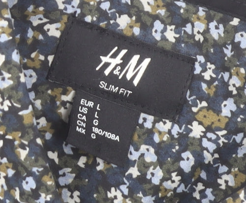 H&M Men's Blue Floral Slim Fit Long Sleeve Dress Shirt L