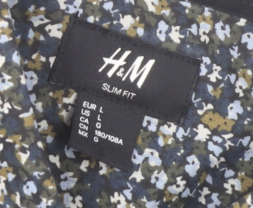 H&M Men's Blue Floral Slim Fit Long Sleeve Dress Shirt L