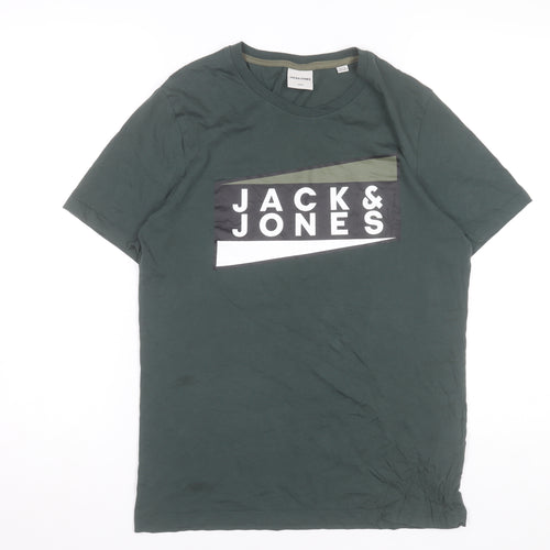 Jack & Jones Men’s Green Graphic Logo T-Shirt M Cotton Crew Neck