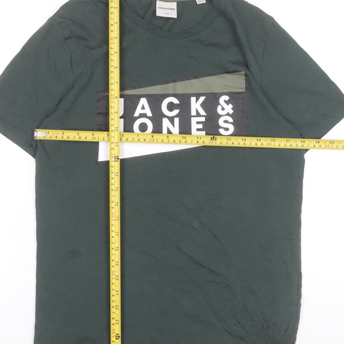 Jack & Jones Men’s Green Graphic Logo T-Shirt M Cotton Crew Neck