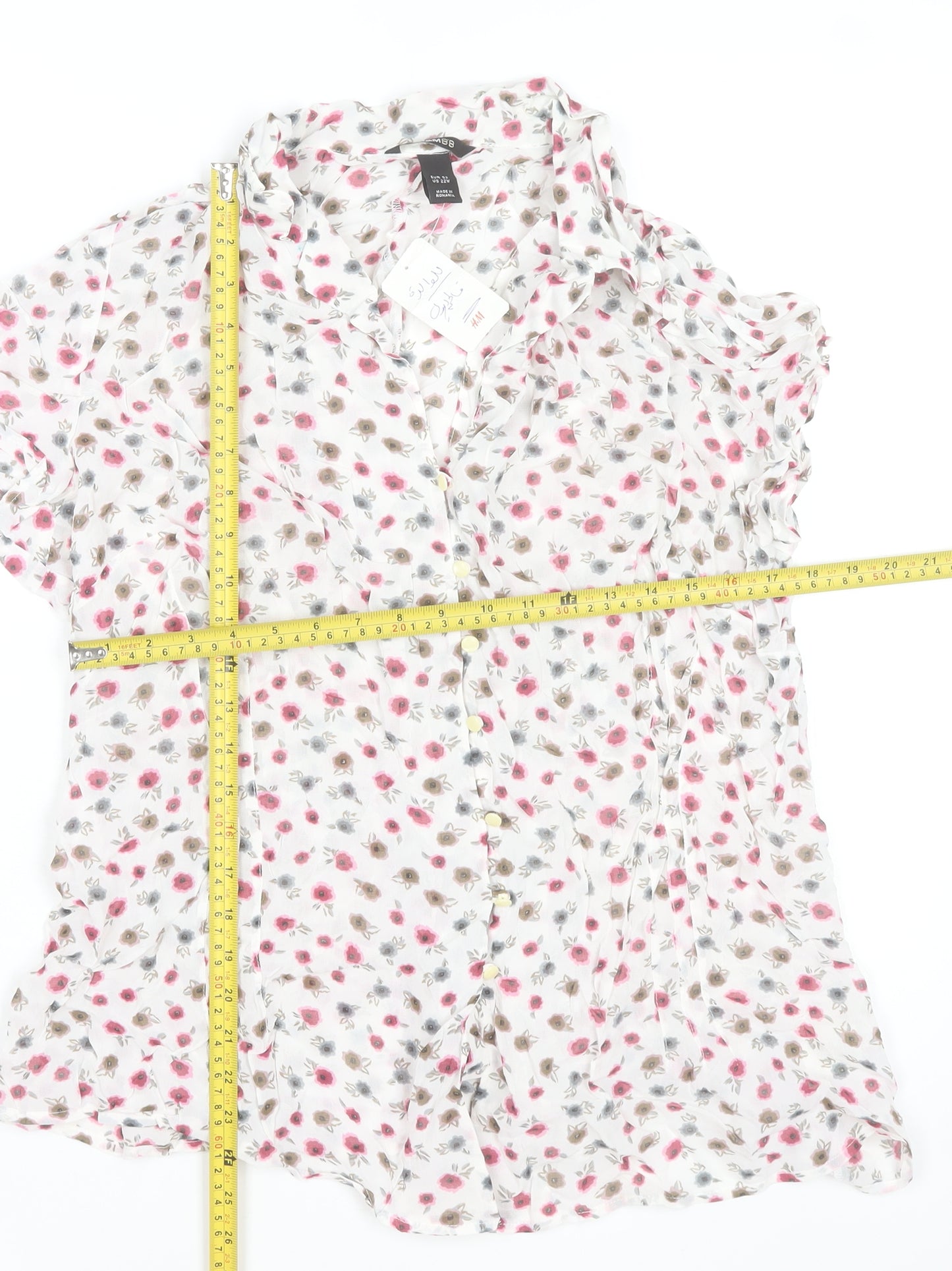H&M Women’s White Floral Collared Short Sleeve Blouse Size 24