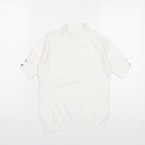 Passione Women White Mock Neck Knit Blouse L Short Sleeve