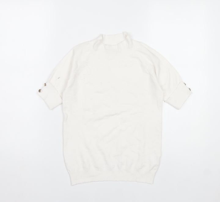 Passione Women White Mock Neck Knit Blouse L Short Sleeve