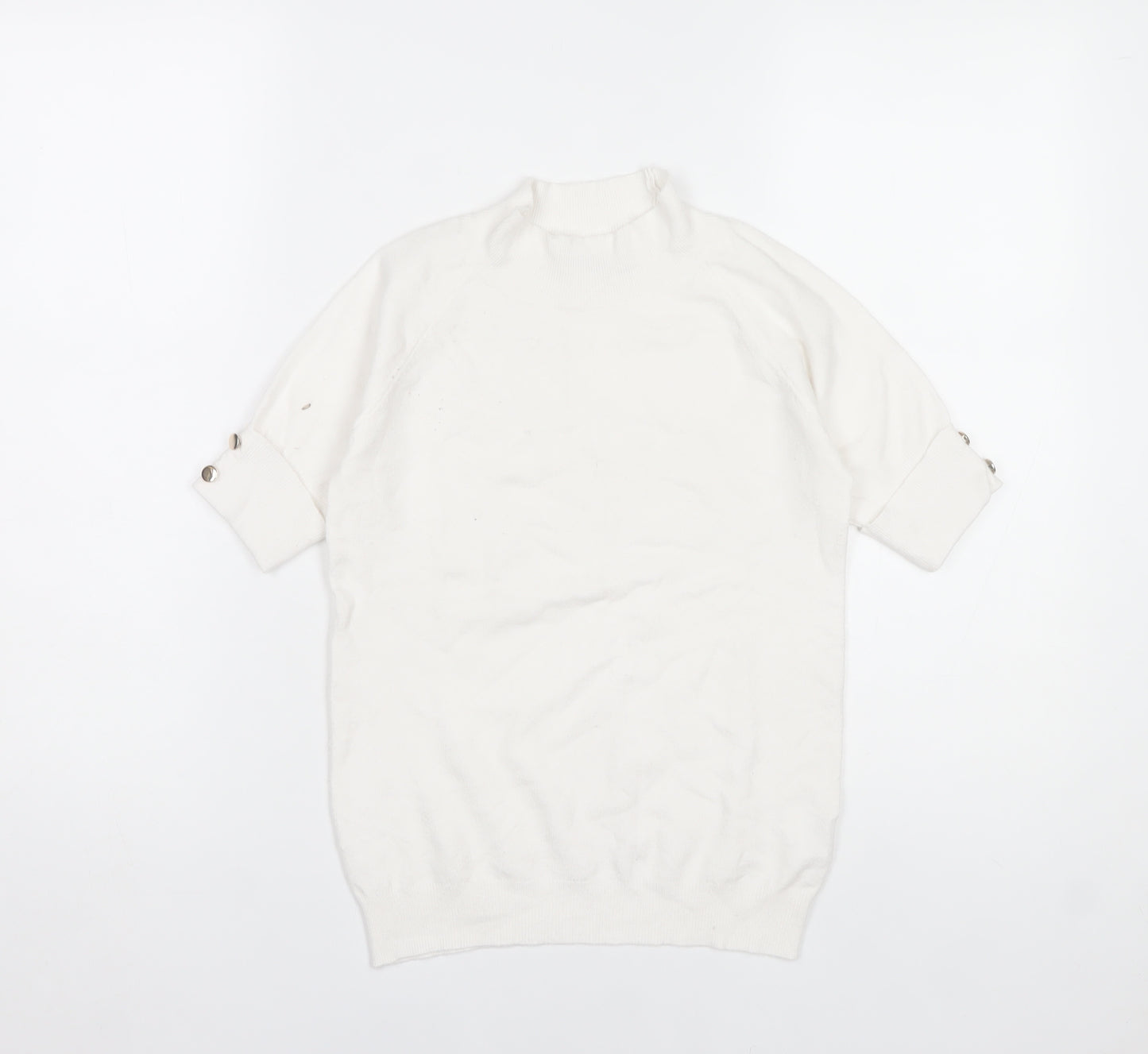 Passione Women White Mock Neck Knit Blouse L Short Sleeve