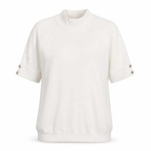 Passione Women White Mock Neck Knit Blouse L Short Sleeve