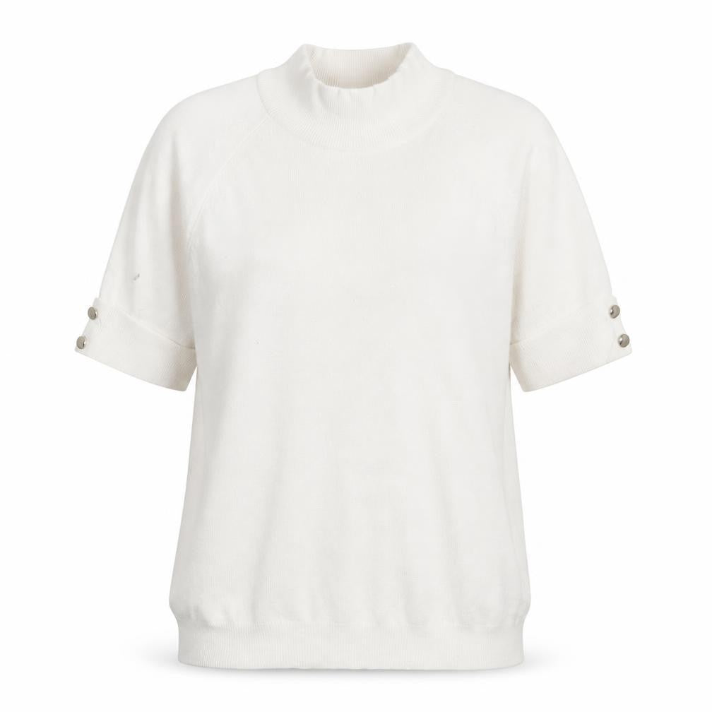 Passione Women White Mock Neck Knit Blouse L Short Sleeve