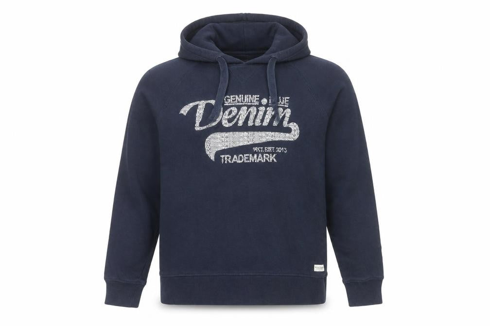 Front view of Stock & Hank Men's Blue Pullover Hoodie L Cotton Graphic Sweatshirt