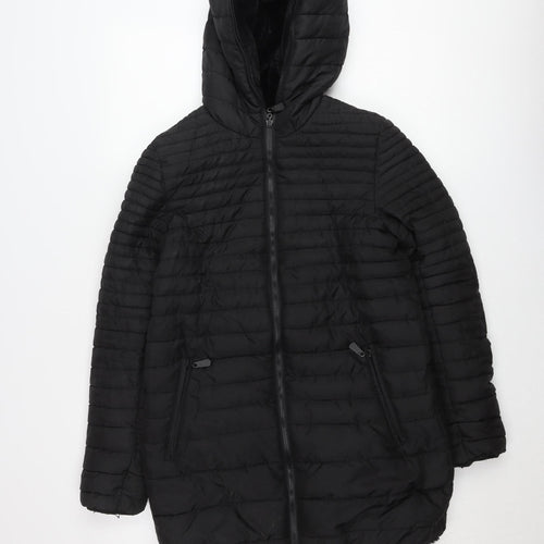 Women's Black Puffer Jacket Hooded Mid-Length Size S Polyester