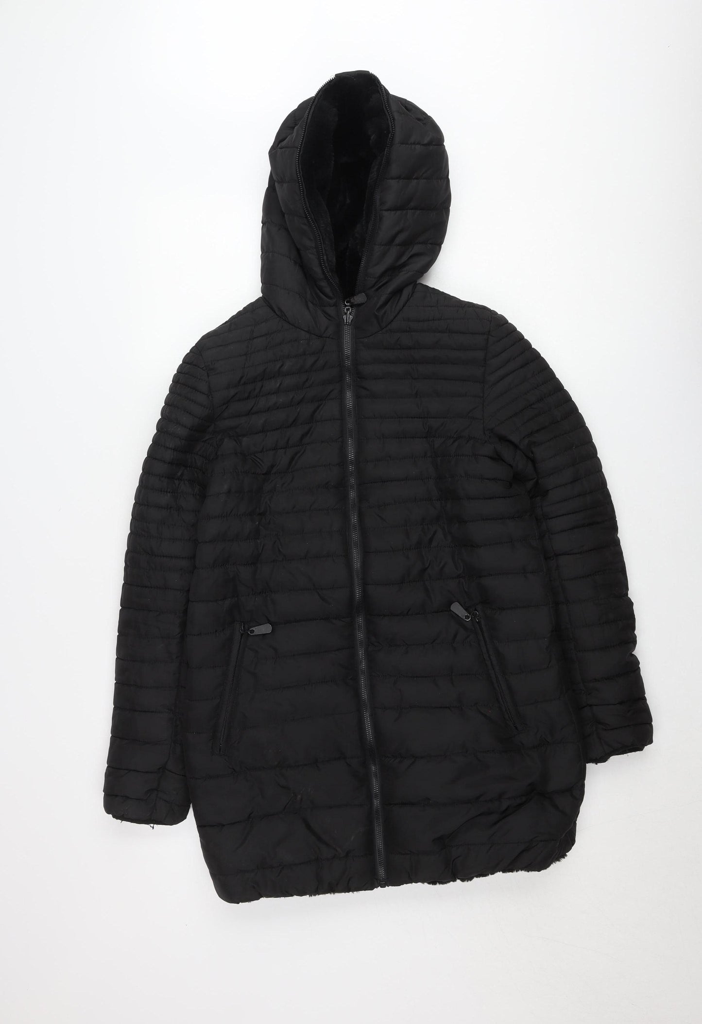 Women's Black Puffer Jacket Hooded Mid-Length Size S Polyester