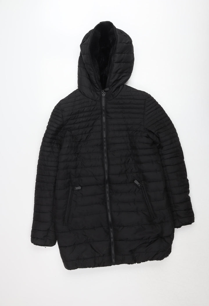 Women's Black Puffer Jacket Hooded Mid-Length Size S Polyester