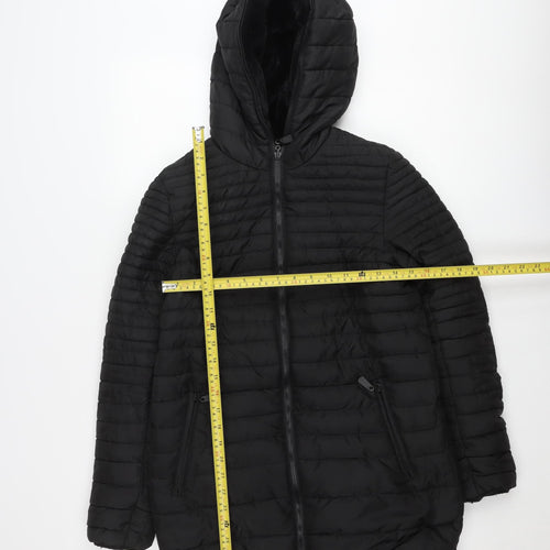 Women's Black Puffer Jacket Hooded Mid-Length Size S Polyester