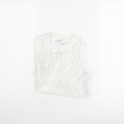 Bershka Women White Knit Cropped Tank Top Size L