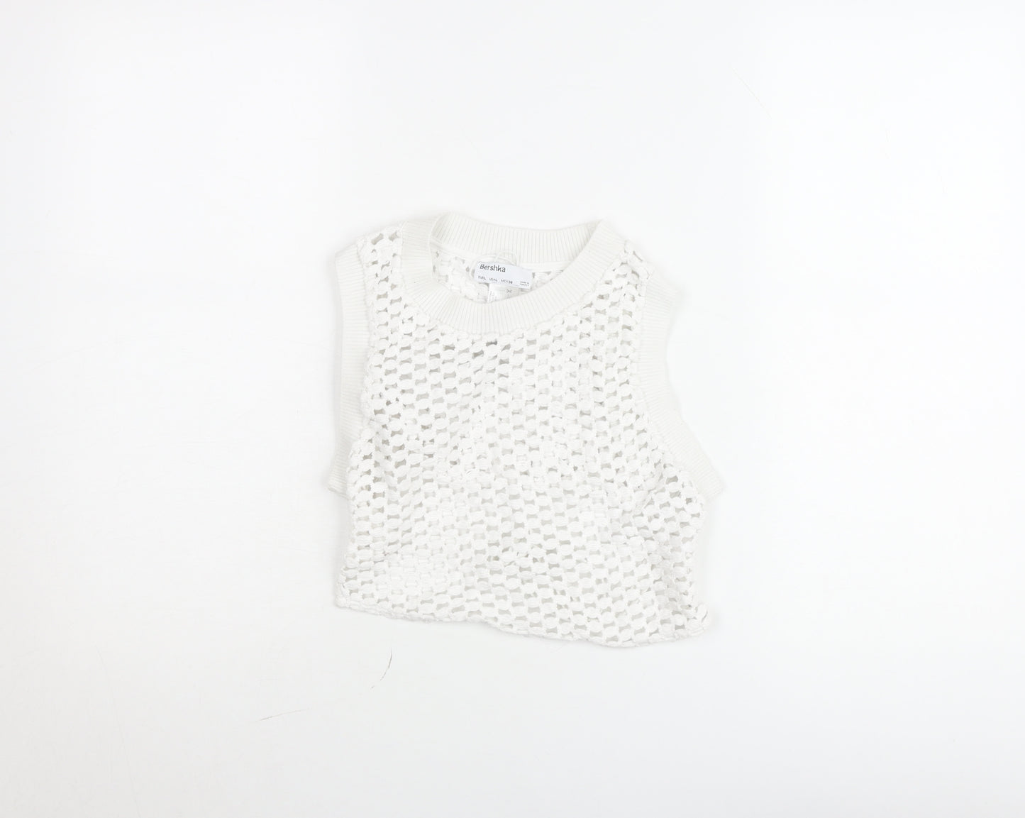 Bershka Women White Knit Cropped Tank Top Size L