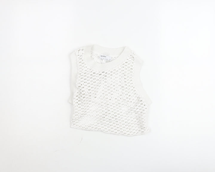 Bershka Women White Knit Cropped Tank Top Size L