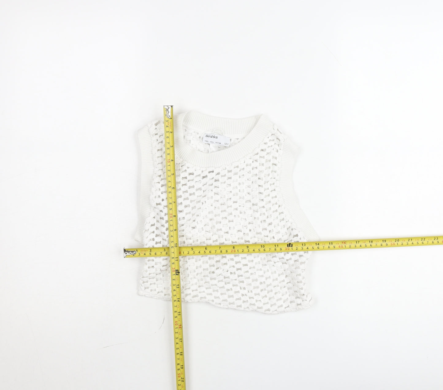 Bershka Women White Knit Cropped Tank Top Size L