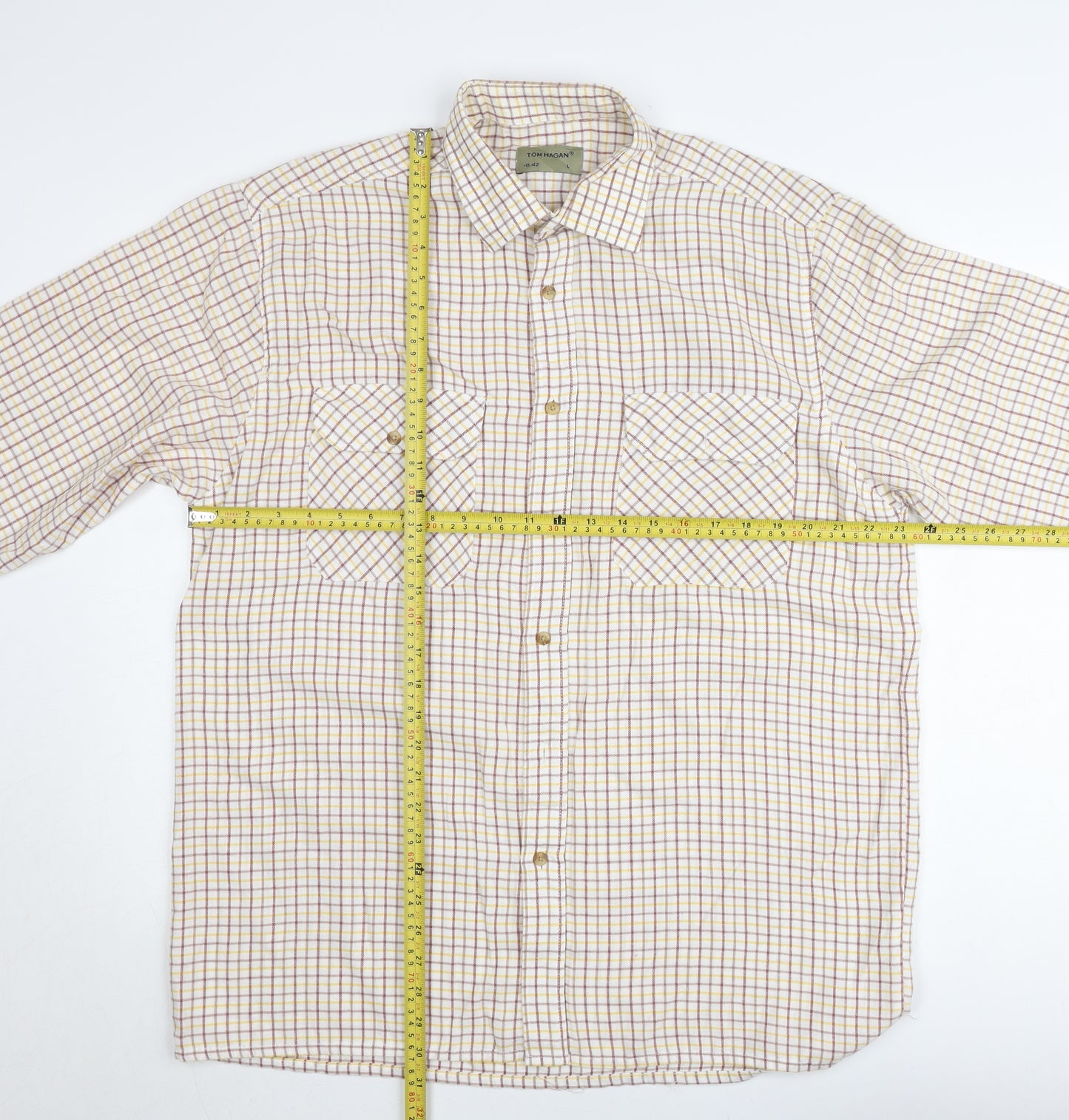 Tom Hagan Men's Beige Checked Long Sleeve Cotton Button-Up Shirt L