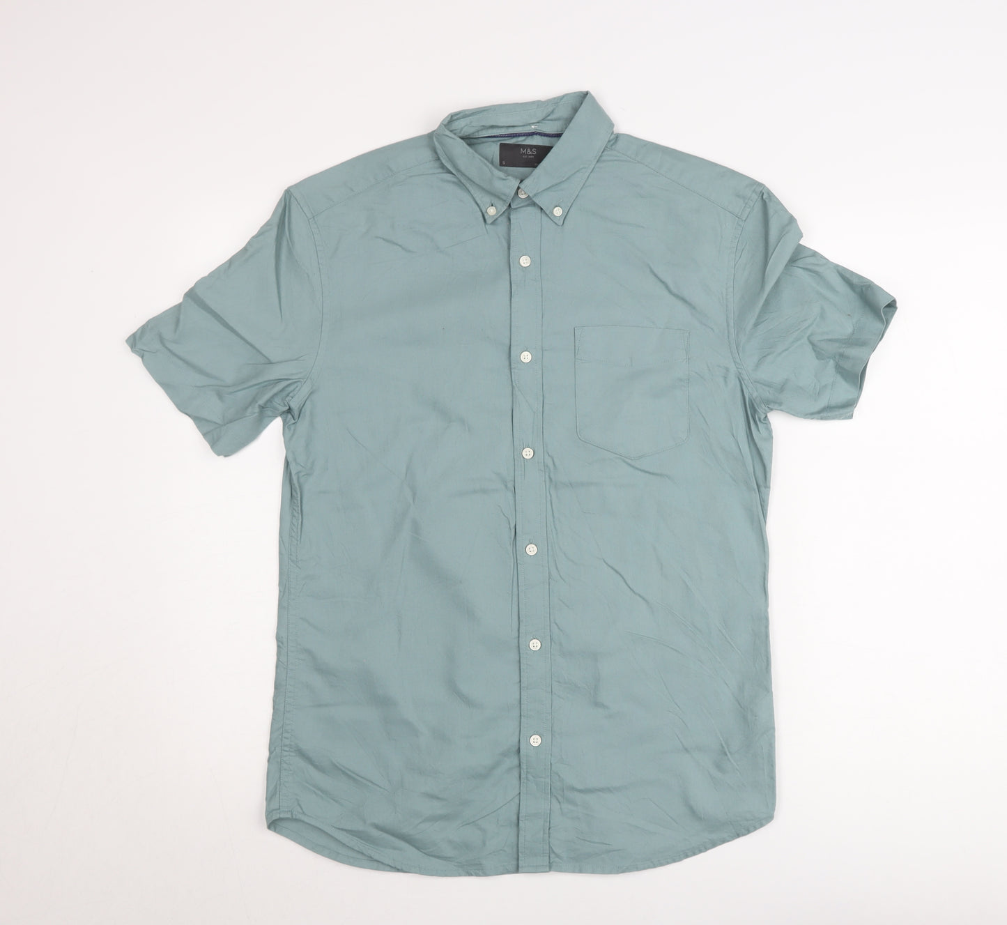 Marks and Spencer Men's Green Short Sleeve Button-Down Oxford Shirt Size S