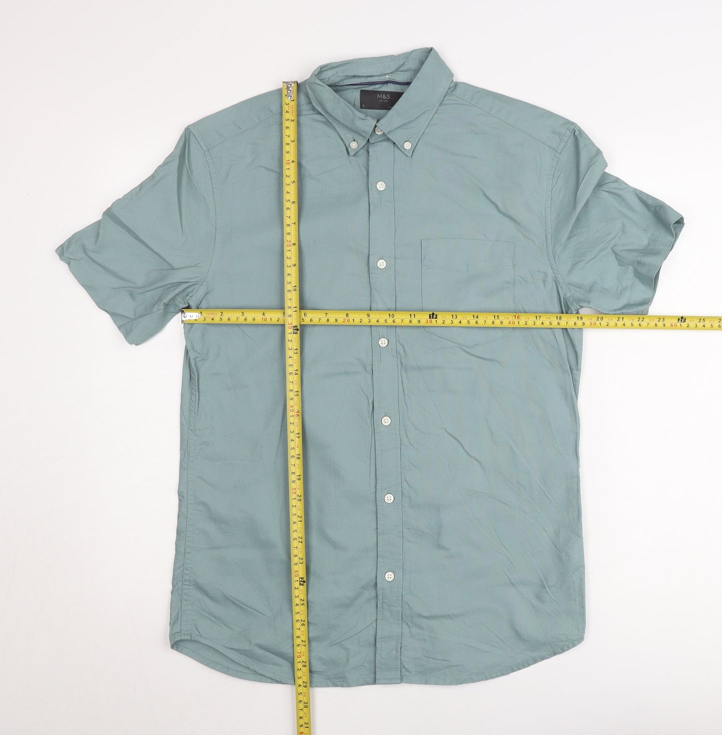Marks and Spencer Men's Green Short Sleeve Button-Down Oxford Shirt Size S