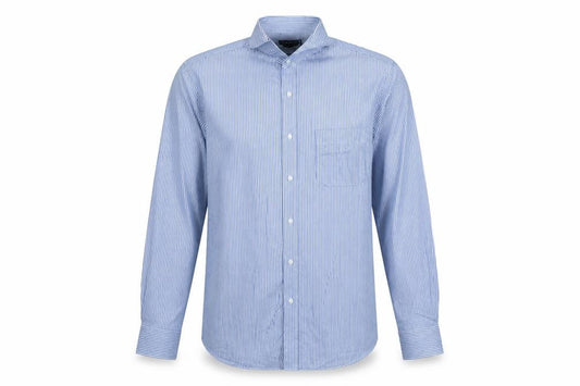 Front view of Debenhams Men's Blue Striped Slim Fit Long Sleeve Button-Up Shirt 15.5in