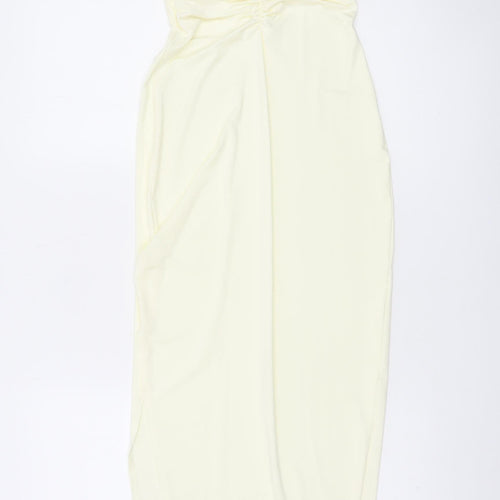 PrettyLittleThing Women’s Ivory Bodycon Midi Dress Size 8 Sleeveless Ruched V-Neck