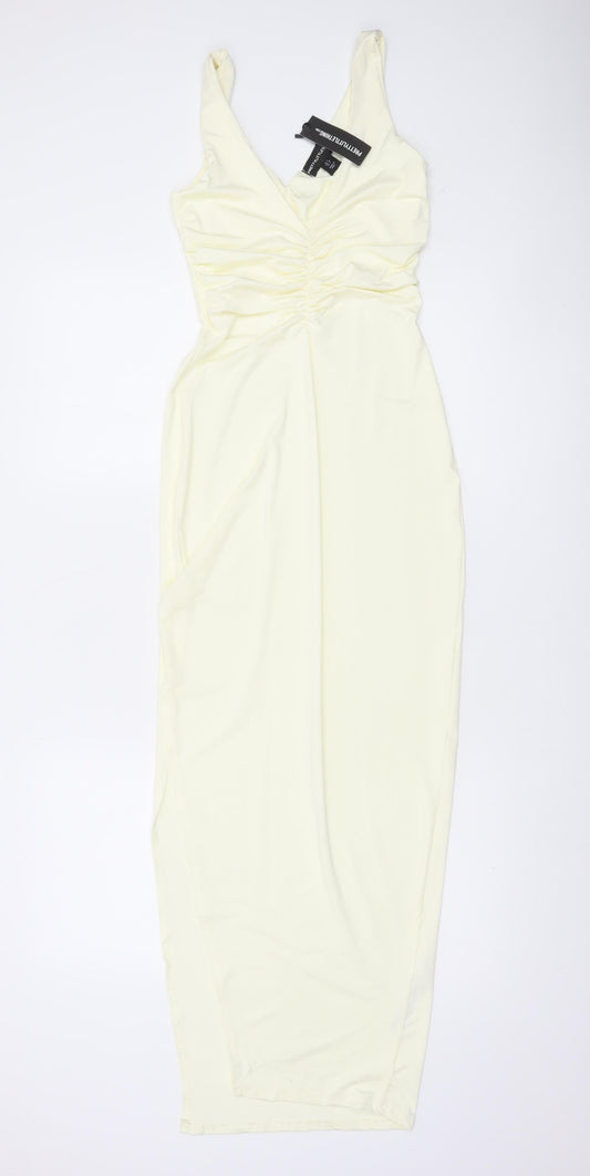 Front view of PRETTYLITTLETHING Women’s Ivory Bodycon Midi Dress, size UK 8, Sleeveless Ruched V-Neck