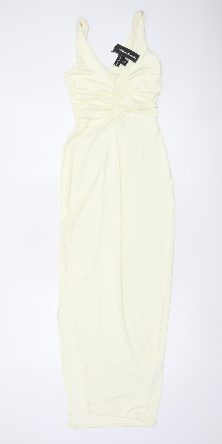 PrettyLittleThing Women’s Ivory Bodycon Midi Dress Size 8 Sleeveless Ruched V-Neck