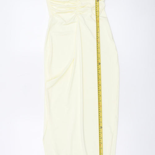 PrettyLittleThing Women’s Ivory Bodycon Midi Dress Size 8 Sleeveless Ruched V-Neck