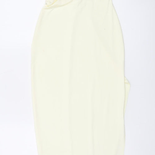 PrettyLittleThing Women’s Ivory Bodycon Midi Dress Size 8 Sleeveless Ruched V-Neck