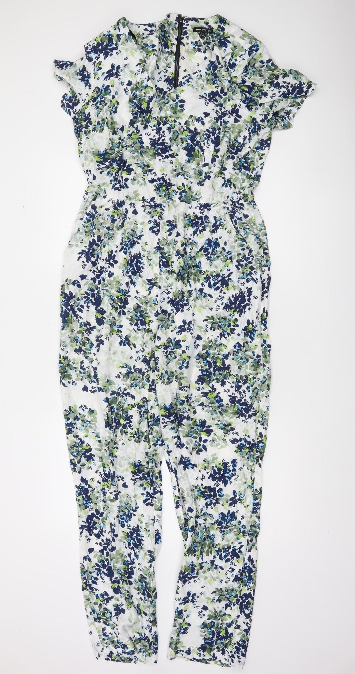 Warehouse Women’s Blue Floral Short Sleeve Jumpsuit Size 14 Viscose