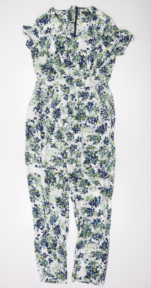 Warehouse Women’s Blue Floral Short Sleeve Jumpsuit Size 14 Viscose