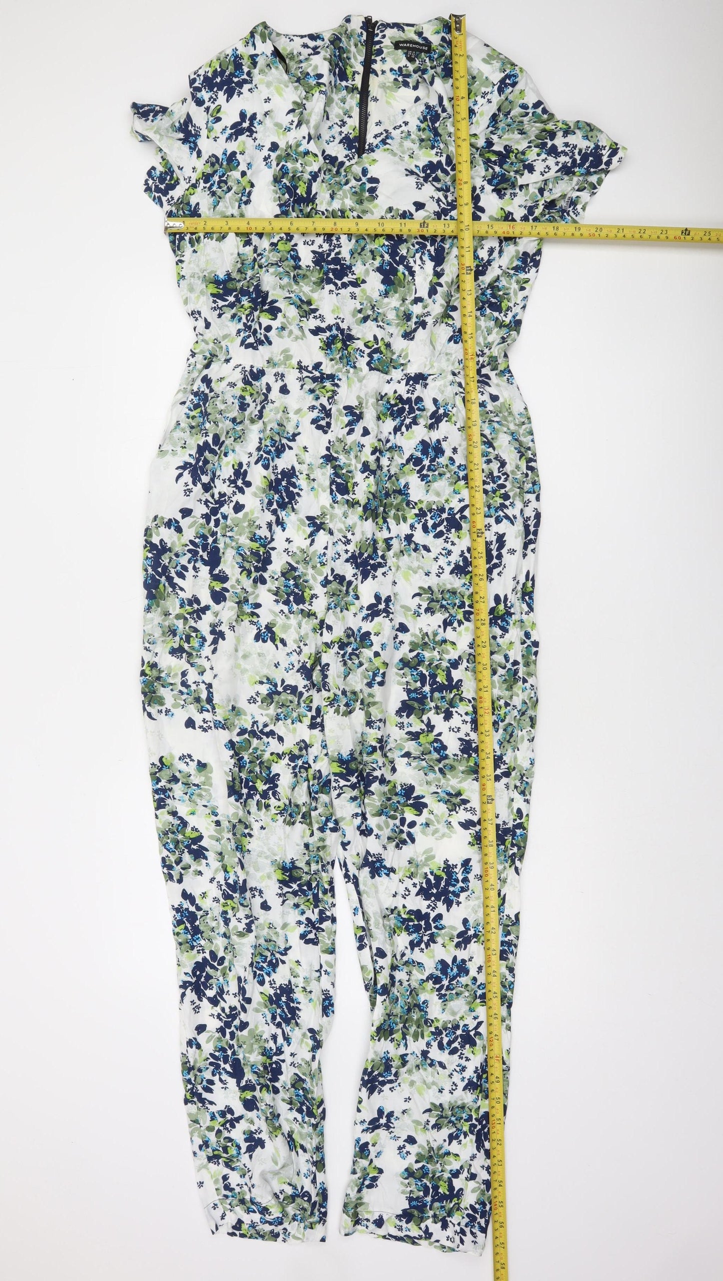 Warehouse Women’s Blue Floral Short Sleeve Jumpsuit Size 14 Viscose