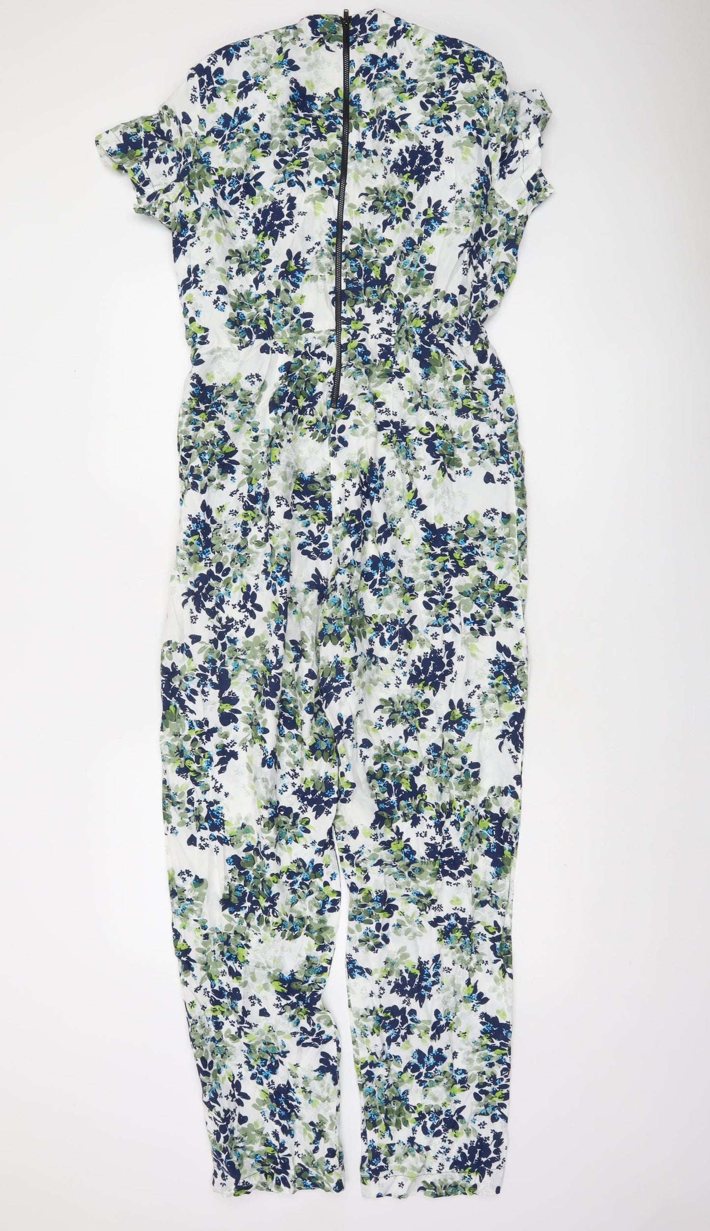 Warehouse Women’s Blue Floral Short Sleeve Jumpsuit Size 14 Viscose