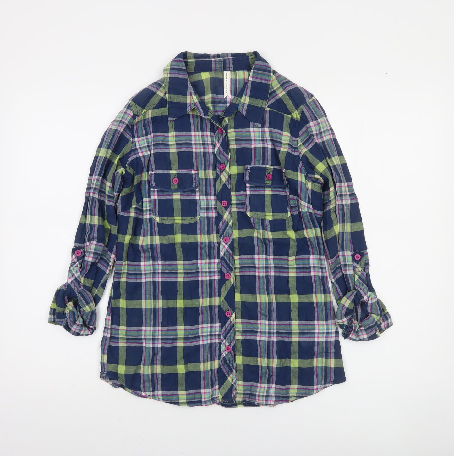 Marks and Spencer Women’s Blue Plaid Button-Up Shirt UK 8 Long Sleeve Cotton