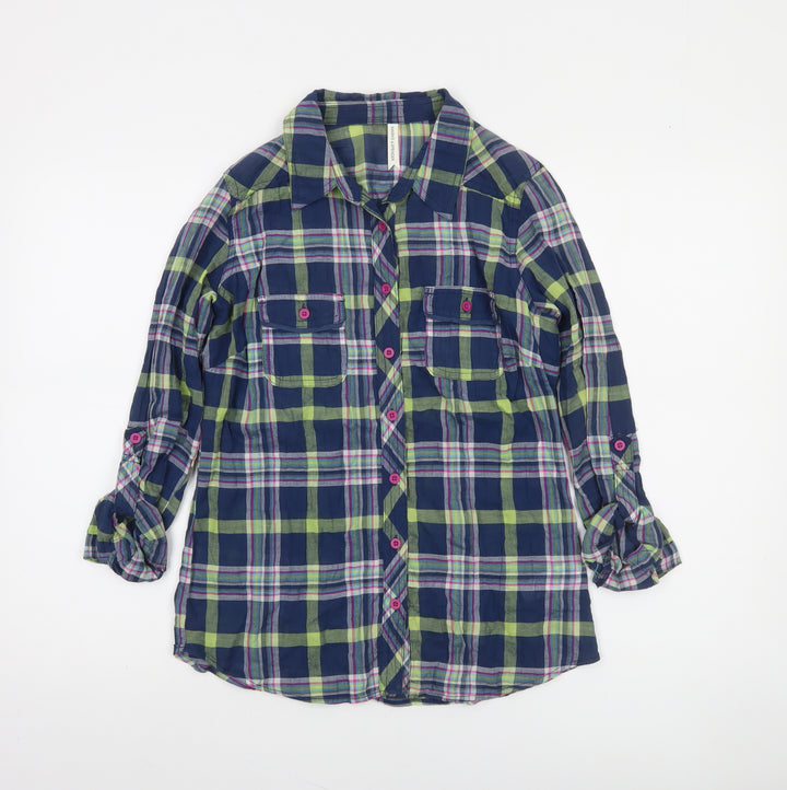 Marks and Spencer Women’s Blue Plaid Button-Up Shirt UK 8 Long Sleeve Cotton