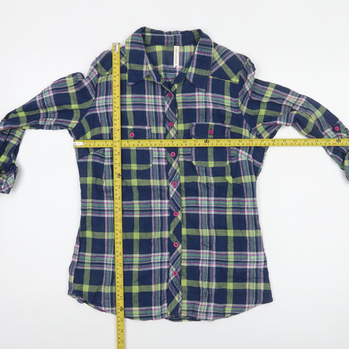 Marks and Spencer Women’s Blue Plaid Button-Up Shirt UK 8 Long Sleeve Cotton