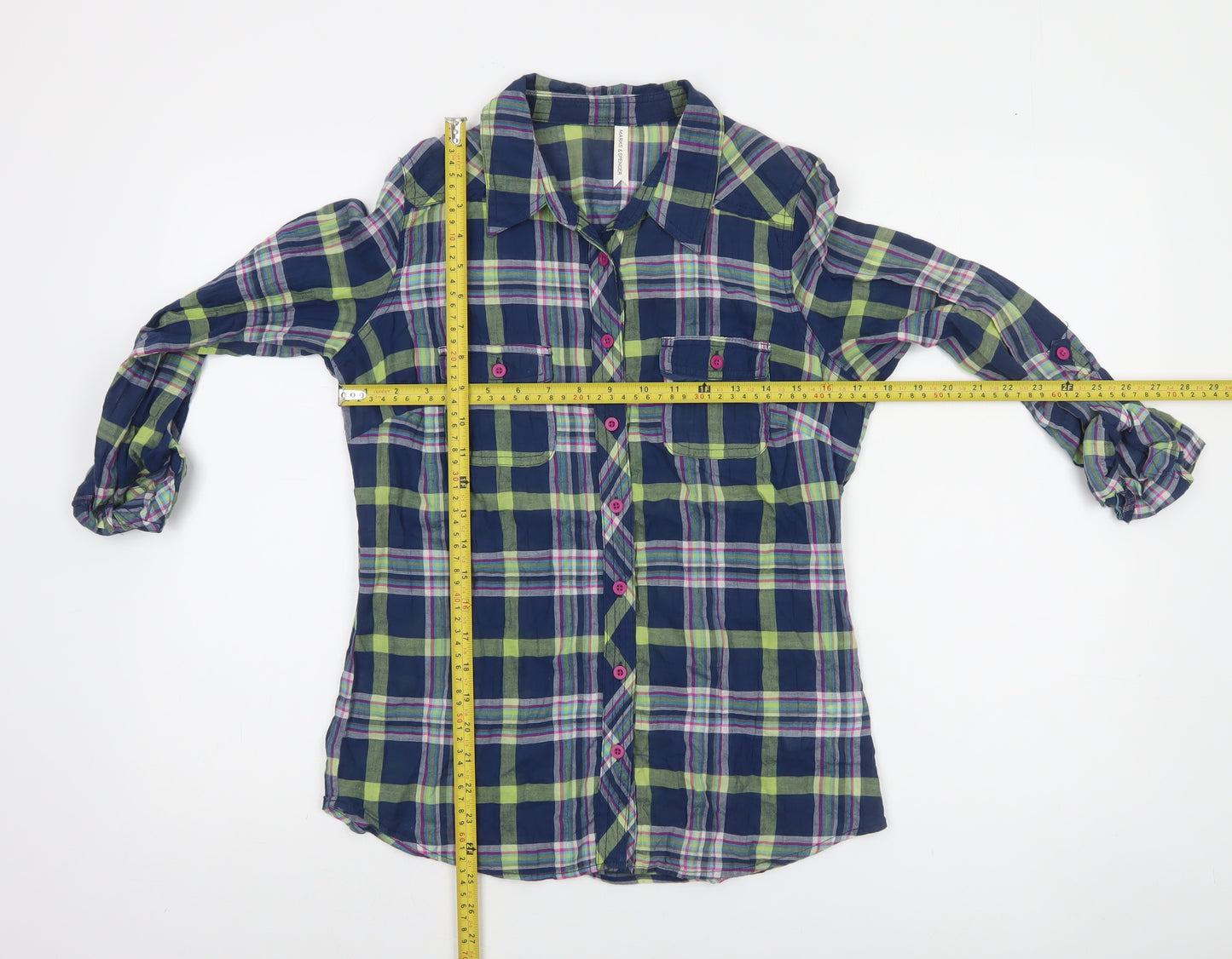 Marks and Spencer Women’s Blue Plaid Button-Up Shirt UK 8 Long Sleeve Cotton